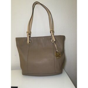 Michael Kors Saffiano Leather Two Tone Tan Dark Beige Jet Set Tote